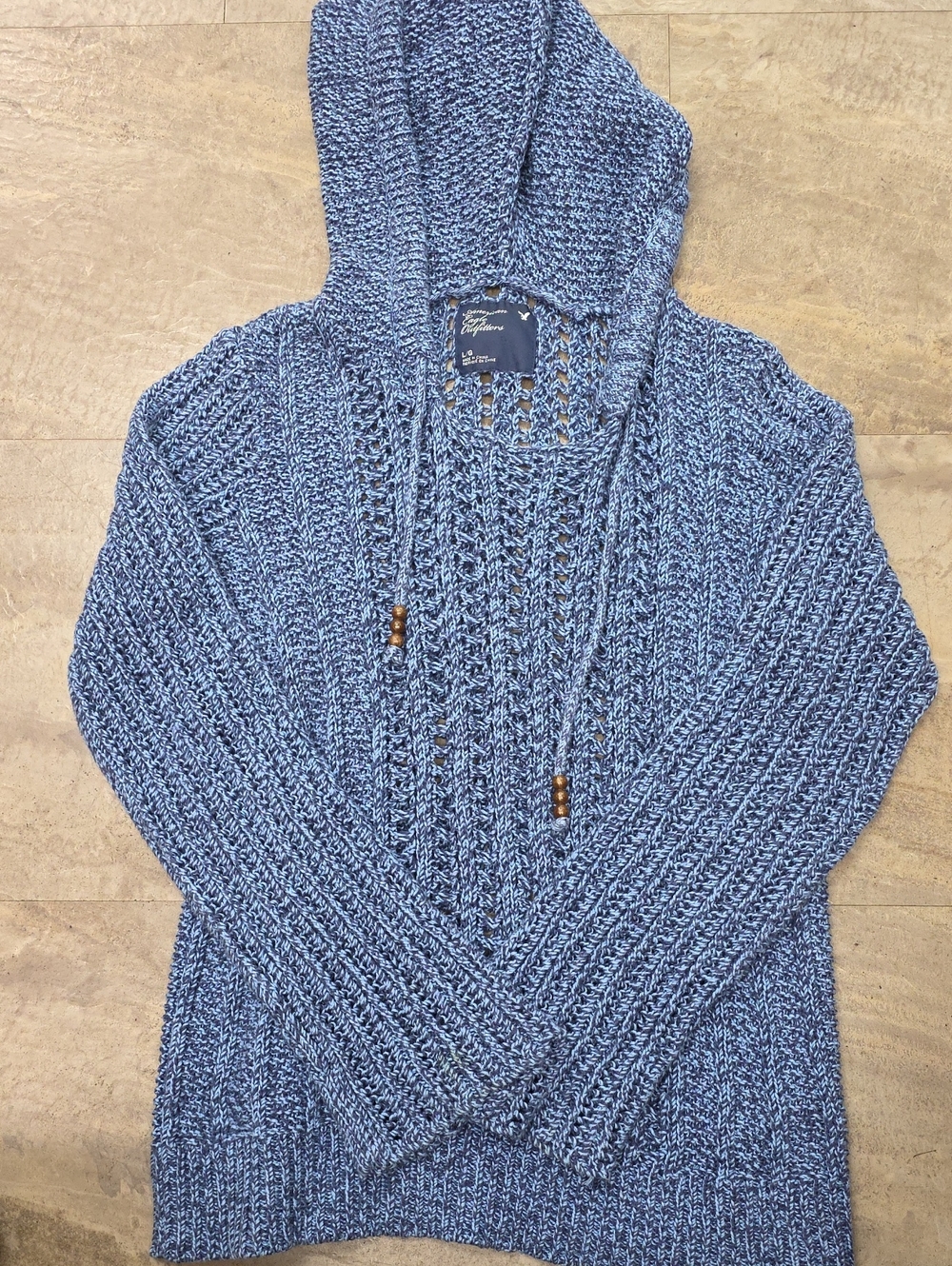 American Eagle Y2K Blue Hooded Open-Knit Sweater Women Size L